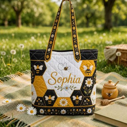 Personalized Bee Print Quilted Tote Bag, Custom Honey Bee Shoulder Bag, Floral Bee Tote, Beekeeper Gift, Cottagecore Market Bag Bee Lover