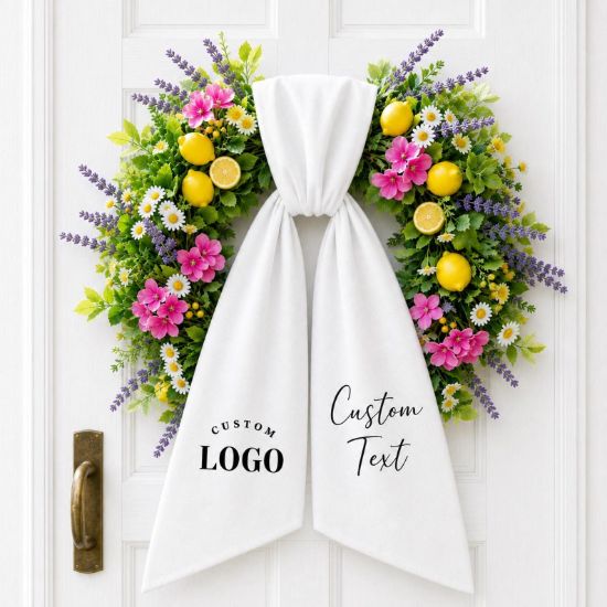 Custom Wreath Sash with Logo and Text, Personalized White Door Bow, Business Logo Wreath Ribbon, Spring Summer Lemon Front Door Decor