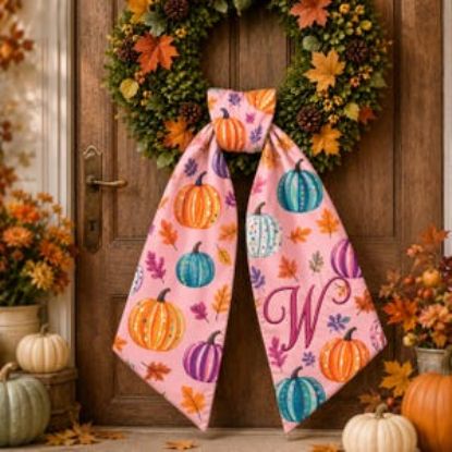 Fall Pumpkin Wreath Sash, Pink Autumn Pumpkin Door Bow, Personalized Fall Wreath Decor, Thanksgiving Door Hanger, Monogram Wreath Sash
