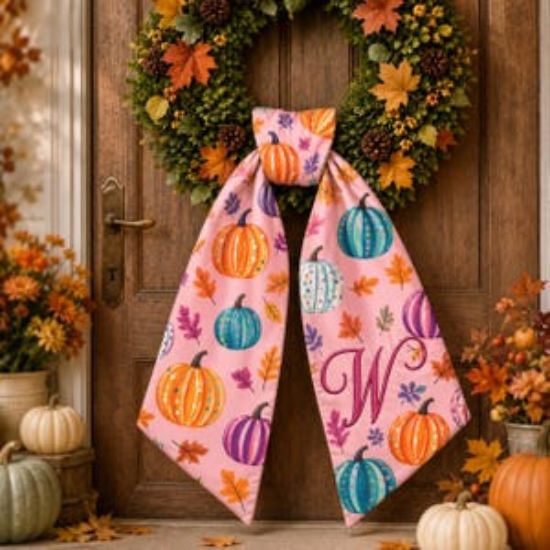 Fall Pumpkin Wreath Sash, Pink Autumn Pumpkin Door Bow, Personalized Fall Wreath Decor, Thanksgiving Door Hanger, Monogram Wreath Sash