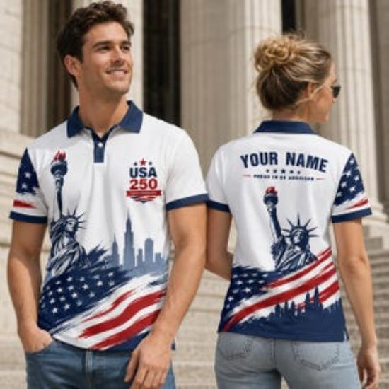 USA 250 Anniversary Polo Shirt, Personalized Patriotic Polo, Statue of Liberty Shirt, America 250 Custom Name Polo, Independence Day Team