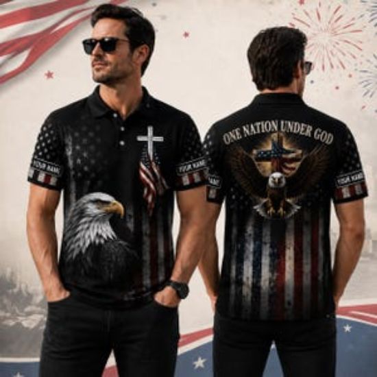 Custom Christian Patriotic Polo Shirt, America One Nation Under God Shirt, Eagle Cross Faith Freedom  Polo, Personalized Name Polo Shirt