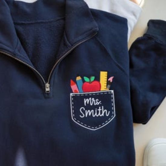 Embroidered Teacher Pocket With Custom Name Quarter Zip Sweatshirt, Gift for Kindergarten, Preschool, or Classroom Teachers, Teacher Gifts