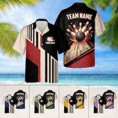 Personalized Retro Bowling Hawaiian Shirt, Custom Name Button Down Shirt, Matching Bowling Team Shirt, Bowling Lover Gift, Bowler Shirts