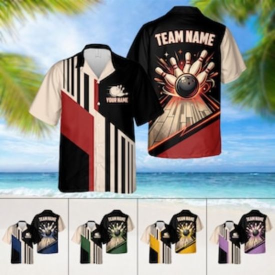 Personalized Retro Bowling Hawaiian Shirt, Custom Name Button Down Shirt, Matching Bowling Team Shirt, Bowling Lover Gift, Bowler Shirts