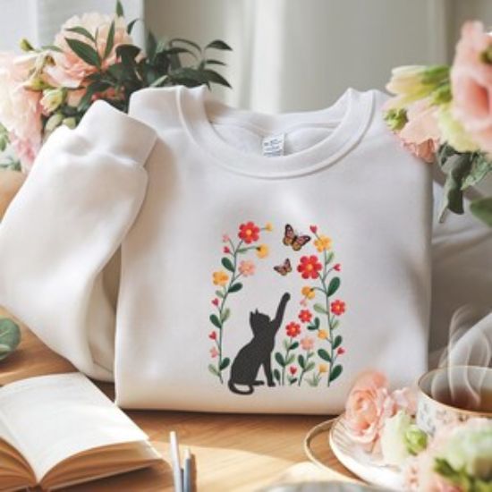 Embroidered Black Cat Chasing Butterfly Meadow Sweatshirt , Flower With Cat Hoodie, Black Cat And Wildflowers Sweatshirt, Cat Lover Shirt