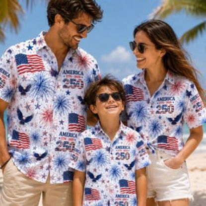 250 Years Family Hawaiian Shirt, Matching  Aloha Shirt, 1776-2026 America Button Up, 4th of July Family Outfit, USA Independence Day Shirt