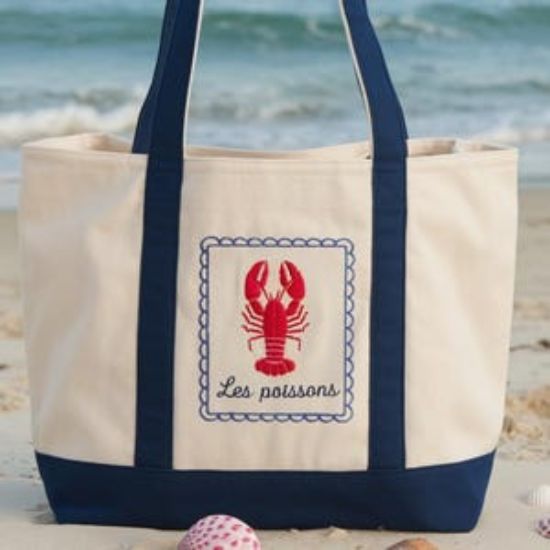 Embroidered Lobster Canvas Tote Bag, French Coastal Tote Bag, Coquette Aesthetic Tote Bag, Nautical Fisherman Bag