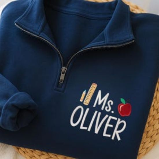 Embroidered Personalized Teacher Quarter Zip Pullover Sweatshirt, Teacher Gift, School Colors, Pencil Apple Pullover, Cute Teacher Sweater