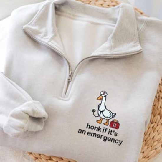 Embroidered ER Nurse Funny Goose Quarter Zip Sweater, Honk if It's An Emergency, ER Nurse, Nurse  Goose, Funny Emergency Department