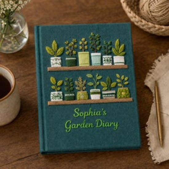 Personalized Garden's Diary Notebook, Garden Plants Hand Embroidered Notebook, Handmade Fabric Cover Notebook, Plant Lover Gardening Mom
