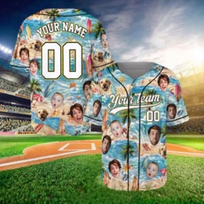 Custom Face Beach Baseball Jersey, Personalized Photo Shirt, Sea Ocean Pattern Jersey, Summer Vacation Outfit, Funny Gift Matching Family