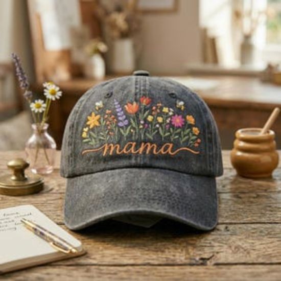 Mama Floral Embroidered Washed Cap, Custom Mom Hat, Wildflower Vintage Dad Hat, Personalized Mother's Day Gift, Boho Mama Hat