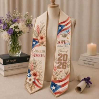 Personalized Puerto Rican Flag Graduation Stole Satin, Class of 2026 Sash, Custom Name Grad Stole, Hispanic Graduation Gift Graduation Stole