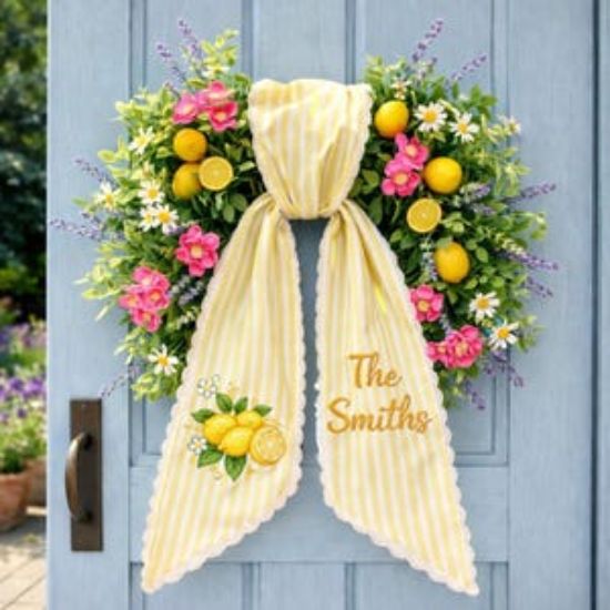 Embroidered Lemon Topiary Wreath Sash - Personalized Monogram, Chinoiserie Front Door Decor, Lemon Lover Decor Gift Sash Wreath