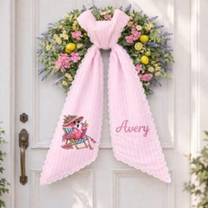 Embroidered Flamingo Wreath Sash - Personalized Flamingo Monogram, Flamingo Lover Front Door Decor, Flamingo Lover Decor Gift Sash Wreath