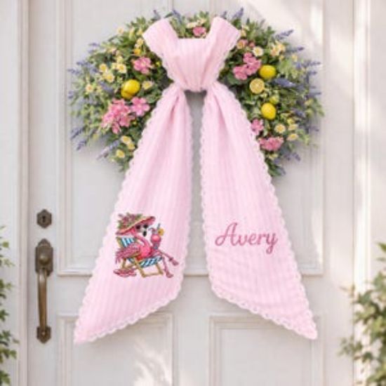 Embroidered Flamingo Wreath Sash - Personalized Flamingo Monogram, Flamingo Lover Front Door Decor, Flamingo Lover Decor Gift Sash Wreath