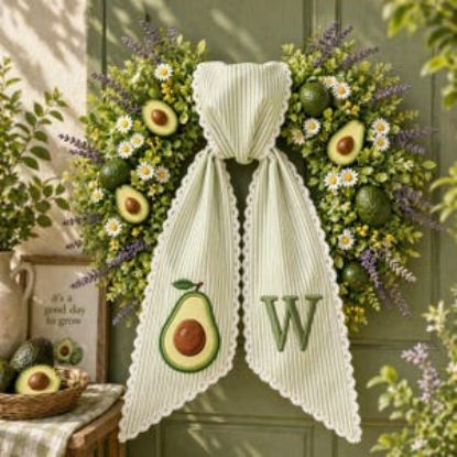 Avocado Wreath Sash with Scalloped Ricrac Edge, Embroidered Avocado Door Bow, Front Porch Wreath Decor, Garden Summer Home Decor Gift