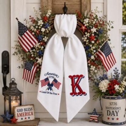 Custom Monogram 4th of July Embroidered Wreath Sash, Patriotic Door Hanger Bow, America 1776 Decor, Independence Day Front Door Decoration