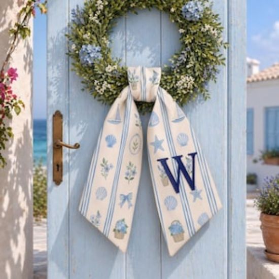 Embroidered Seamless Colorful Seashell Fish Pattern Wreath Sash, Custom Fishing seamless, Coastal Summer Nautical Print, Blue Beach Sash