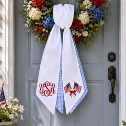 Patriotic Wreath Sash Door Bow, Personalized Monogram Memorial Day Decor, Embroidered USA Flag Summer Door Hanger Accent