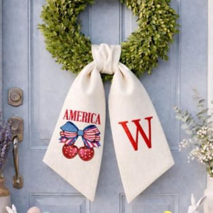 Patriotic Cherry Embroidered Personalized Sash, 4th July Cherry Coquette Bow Sash, Americana Cherry Red White Blue Summer Independence Sash