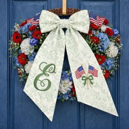Personalized Embroidered Patriotic Wreath Sash, Custom Monogram Bow, American Flag Door Decor, 4 of July Front Door Decor, Summer Farmhouse