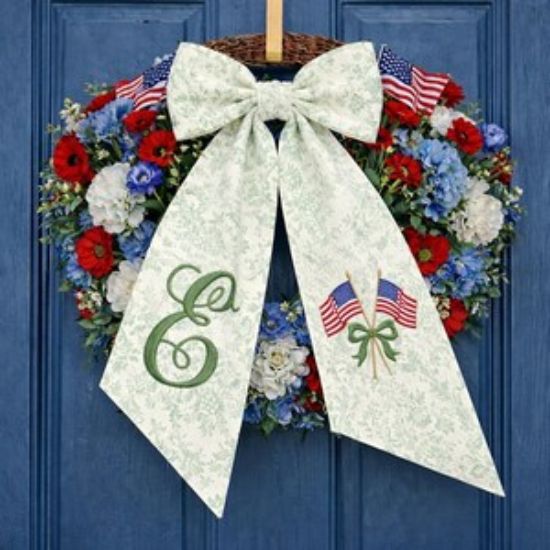Personalized Embroidered Patriotic Wreath Sash, Custom Monogram Bow, American Flag Door Decor, 4 of July Front Door Decor, Summer Farmhouse