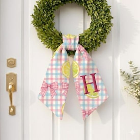 Embroidered Lemon Bow Summer Wreath Sash, Summer Lemon Front Door Bow, Personalized Monogram Door Hanger, Lemon Front Door Decor
