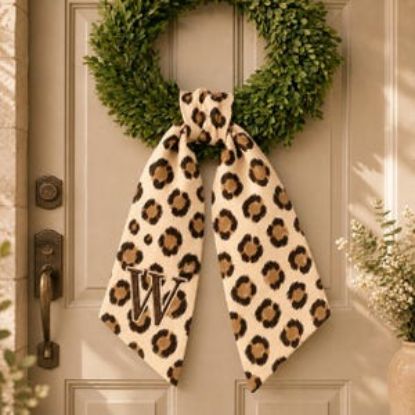 Personalized Embroidered Leopard Sash Wreath, Custom Name Door Sash, Leopard Print Monogram Wreath Bow, Front Door Decor Gift Idea Home Sash