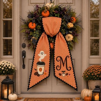Personalized Halloween Coffee Shop Wreath Sash, Ghost Coffee Cup Door Bow, Custom Monogram Wreath Ribbon, Embroidered Fall Front Door Decor