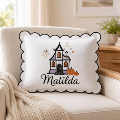 Personalized Halloween Pillow, Custom Embroidered Halloween Name Pillow, Ghost Haunted House Cushion, Kids Halloween Decor, Spooky Gift