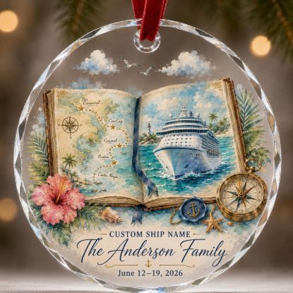 Personalized Cruise Map Ornament, Custom Family Cruise Christmas Ornament, Ship Name Keepsake, Caribbean Vacation Gift, Travel Book Decor