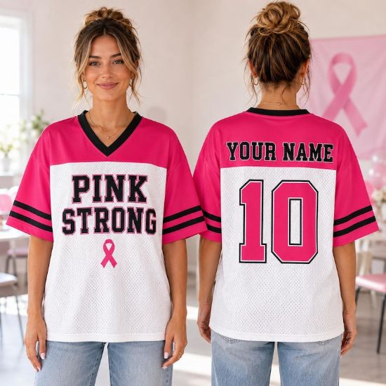 Personalized Pink Strong Jersey, Breast Cancer Awareness Shirt, Custom Cancer Awareness, Pink Ribbon Team Shirt, Survivor Support Gift