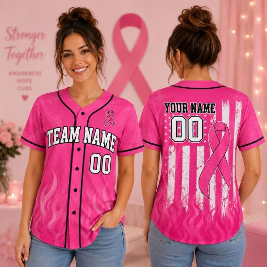 Personalized Breast Cancer Awareness Baseball Jersey, Custom Pink Ribbon Button Up Shirt, Team Spirit Jersey, Custom Name Survivor Gift