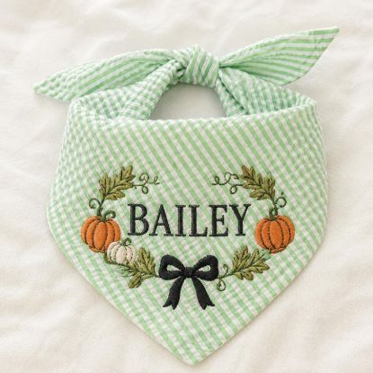 Personalized Fall Dog Bandana, Pumpkin Dog Bandana, Green Seersucker Dog Bandana, Custom Embroidered Pet Bandana, Autumn Dog Gift Halloween