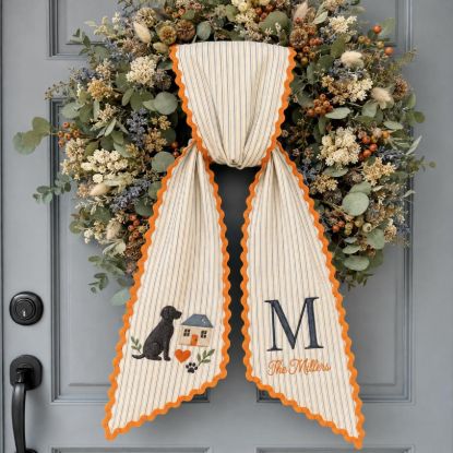 Personalized Fall Family Sash, Dog & Home Embroidered Monogram Sash, Dog Embroidered Sash Wreath, Pet Lover Housewarming Gift for Family