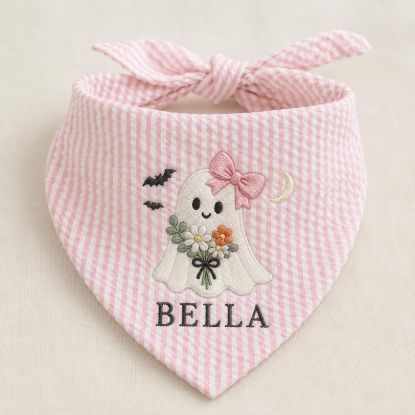 Personalized Halloween Dog Bandana, Embroidered Girl Ghost Pet Scarf, Custom Pet Name Bandana, Floral Spooky Puppy Gift for Fall Parties Fun