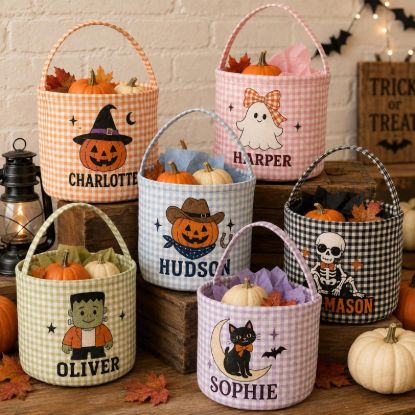 Personalized Halloween Basket, Custom Name Trick or Treat Bag, Gingham Candy Bucket for Kids, Halloween Boo Basket, Ghost Pumpkin Treat Bag