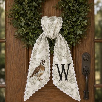 Personalized Quail Wreath Sash, Quail Hunting Monogram Sash, Custom Initial Bird Wreath Bow, Fall Thanksgiving Sash, Farmhouse Hostess Gift