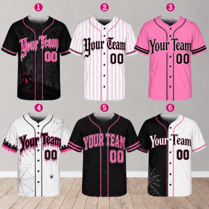 Personalized Pink Halloween Baseball Jersey, Halloween Team Shirt, Custom Team Name Jersey, Spooky Baseball Shirt, Gothic Uniform Gift