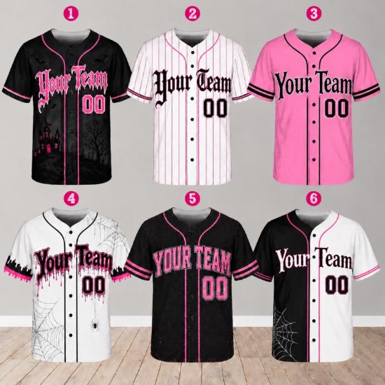 Personalized Pink Halloween Baseball Jersey, Halloween Team Shirt, Custom Team Name Jersey, Spooky Baseball Shirt, Gothic Uniform Gift