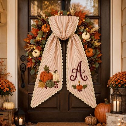Personalized Fall Wreath Sash, Pumpkin Monogram Door Bow, Embroidered Autumn Wreath Bow, Thanksgiving Front Door Decor Halloween