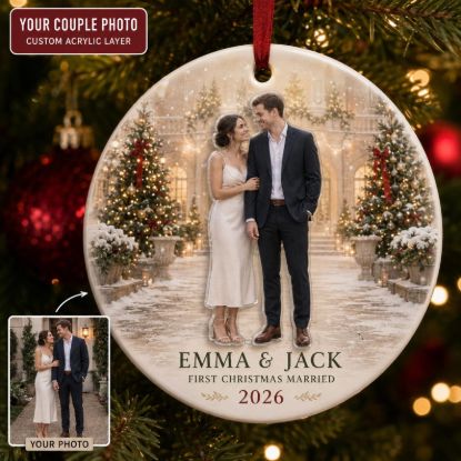 Personalized Couple Photo Christmas Ornament, First Christmas Married Gift, 2 Layer Ceramic Acrylic Keepsake, Wedding Newlywed Ornament 2026