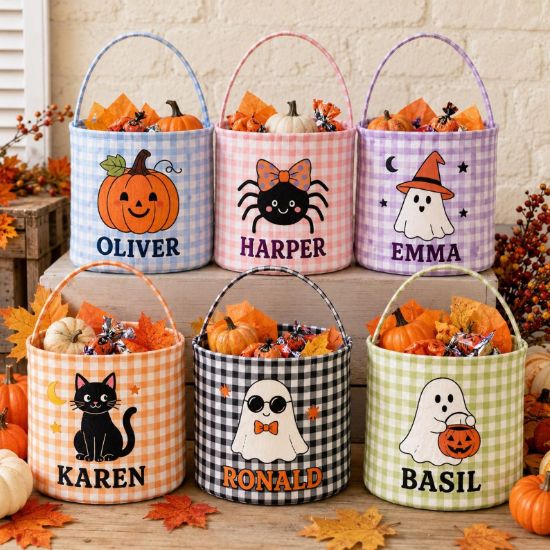 Personalized Halloween Basket, Custom Name Trick or Treat Bag, Gingham Candy Bucket for Kids, Ghost Pumpkin Halloween Gift, Boo Basket