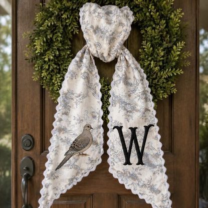 Personalized Dove Hunging Wreath Sash, Blue Toile Monogram Sash, Custom Bird Wreath Bow, Spring Hostess Gift, Cottage Farmhouse Wreath Decor