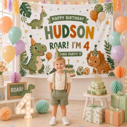 Personalized Dinosaur Birthday Backdrop, Custom Name Dino Party Tapestry Banner, Roar Birthday Decor, Kids Photo Booth Backdrop
