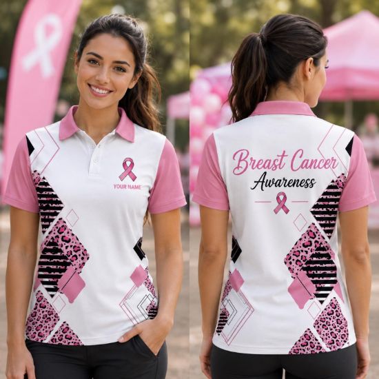 Personalized Breast Cancer Awareness Sleeve Polo Shirt, Pink Ribbon Golf Shirt, Custom Name Women’s Polo, Breast Cancer Support Team Shirt