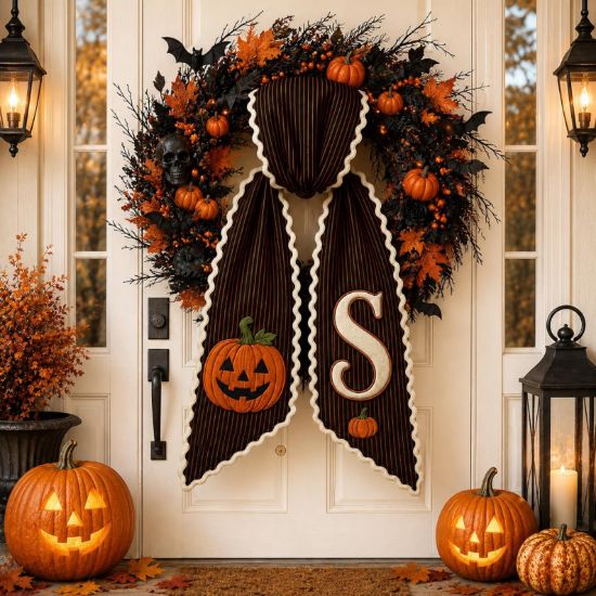 Personalized Halloween Wreath Sash, Custom Jack O Lantern Door Bow, Embroidered Monogram Wreath Bow, Spooky Farmhouse Front Door Decor
