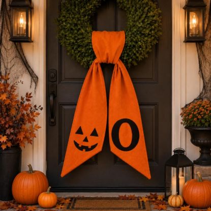 Personalized Halloween Wreath Sash, Pumpkin Face Monogram Door Bow, Orange Halloween Wreath Decor, Spooky Front Door Decoration Halloween
